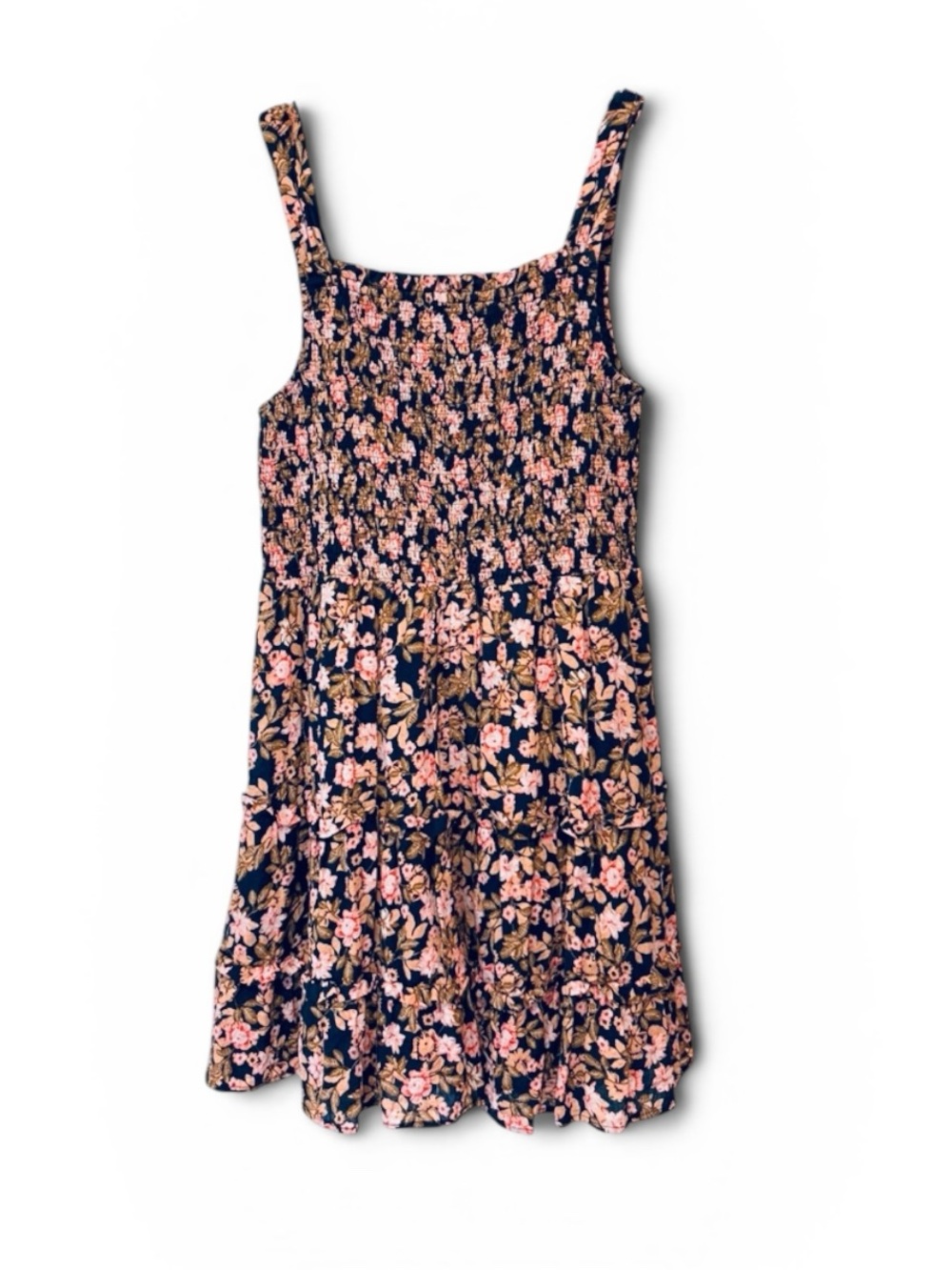 THML Navy Pink Floral Smocked Tiered Mini Dress Size Large - Picture 2 of 10